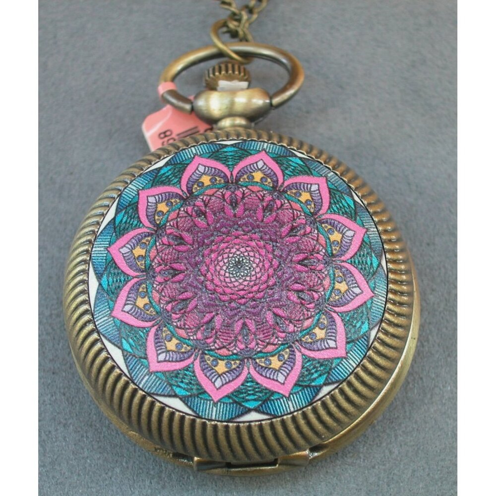 Strada Genoa Mandala Vintage Pocket Watch 24-Hour Display Quartz Movement Brass